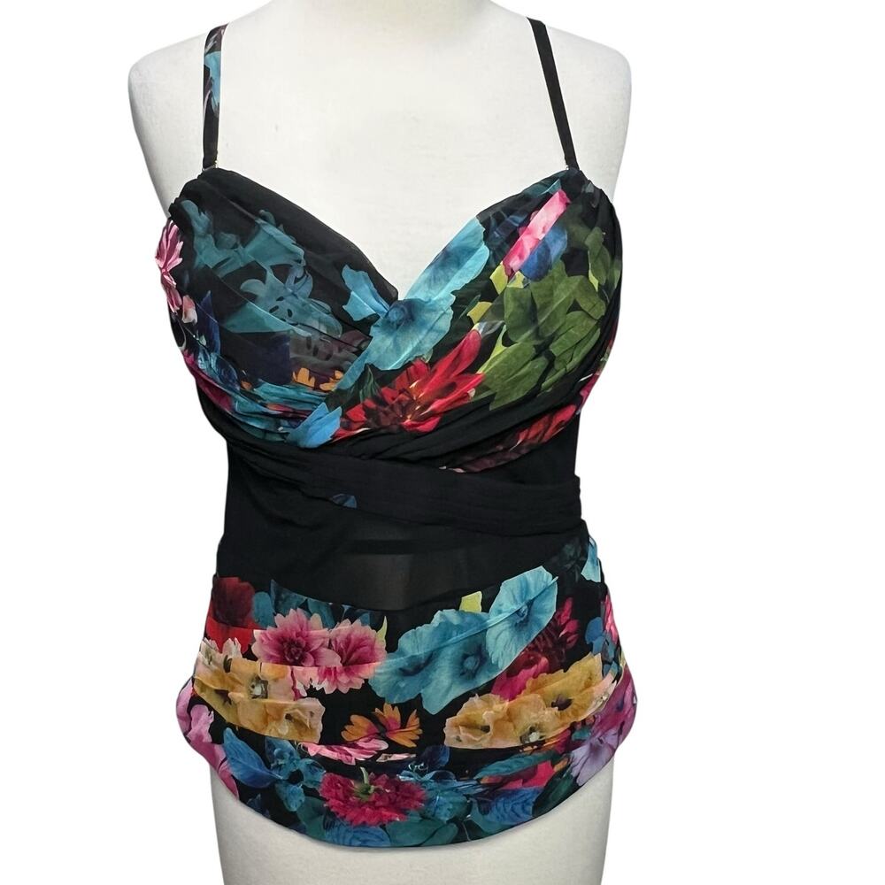 Bebe Bustier Corset Top Womens 8 Black Multicolor‎ Floral Pleated Lined Coquette